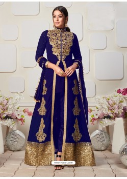 Royal Blue Faux Georgette Embroidered Cording Worked Straight Suit