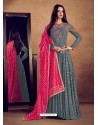Grey Heavy Rayon Embroidered Stone Worked Floor Length Gown Suit