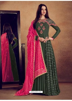 Dark Green Heavy Rayon Embroidered Stone Worked Floor Length Gown Suit