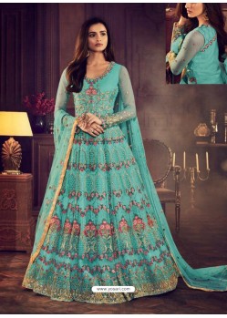 Sky Blue Butterfly Net Embroidered Stone Worked Anarkali Suit