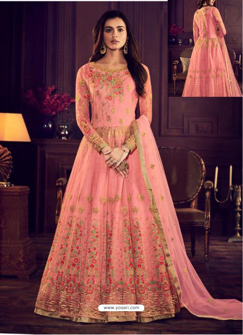 Buy Peach Butterfly Net Embroidered Stone Worked Anarkali Suit ...
