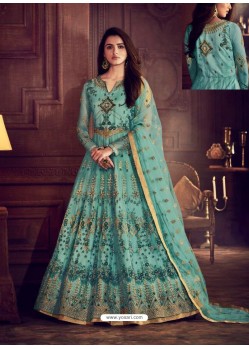 Turquoise Butterfly Net Embroidered Stone Worked Anarkali Suit