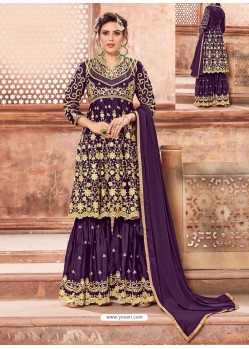 Purple Satin Georgette Embroidered Sharara Salwar Suit