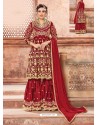 Red Satin Georgette Embroidered Sharara Salwar Suit