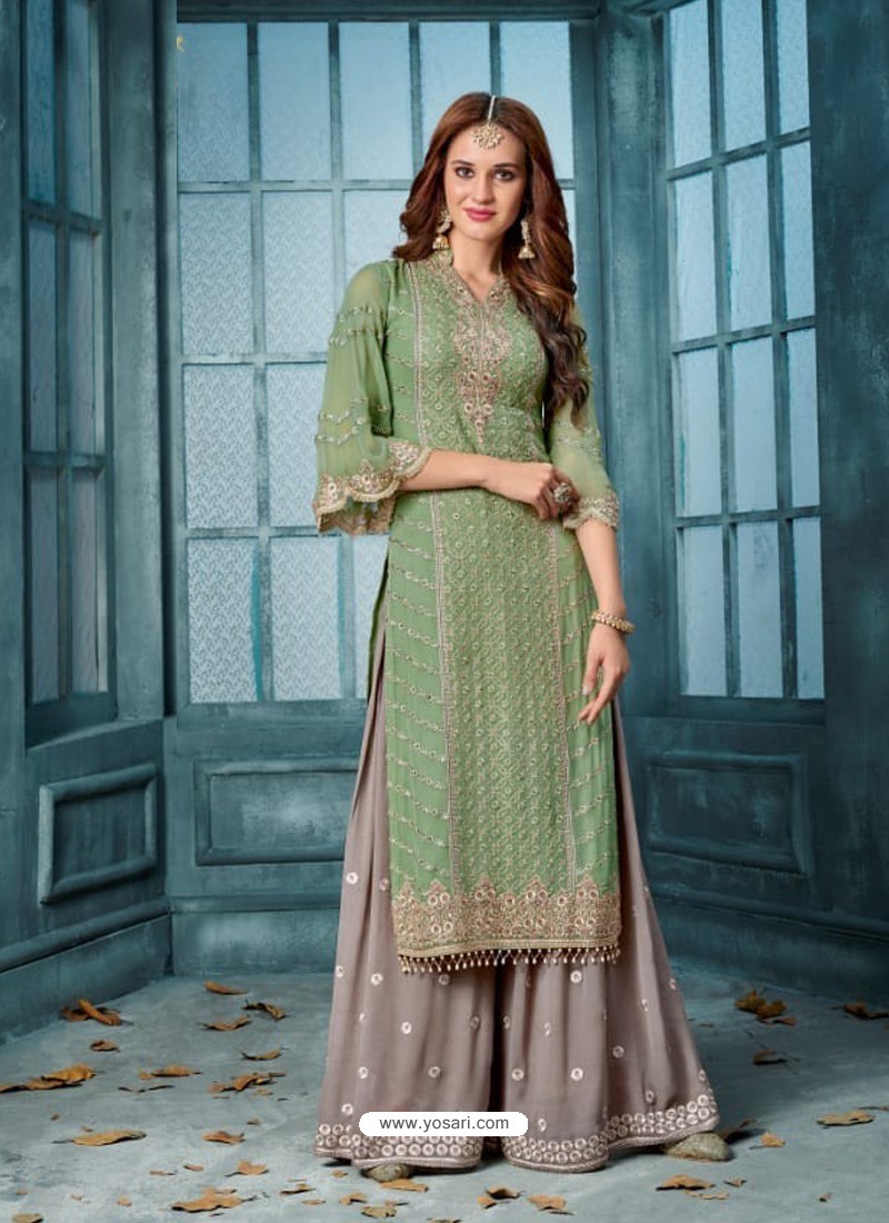 Buy Green And Grey Georgette Embroidered Designer Palazzo Suit ...