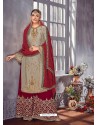 Grey And Maroon Faux Georgette Heavy Embroidered Sharara Salwar Suit