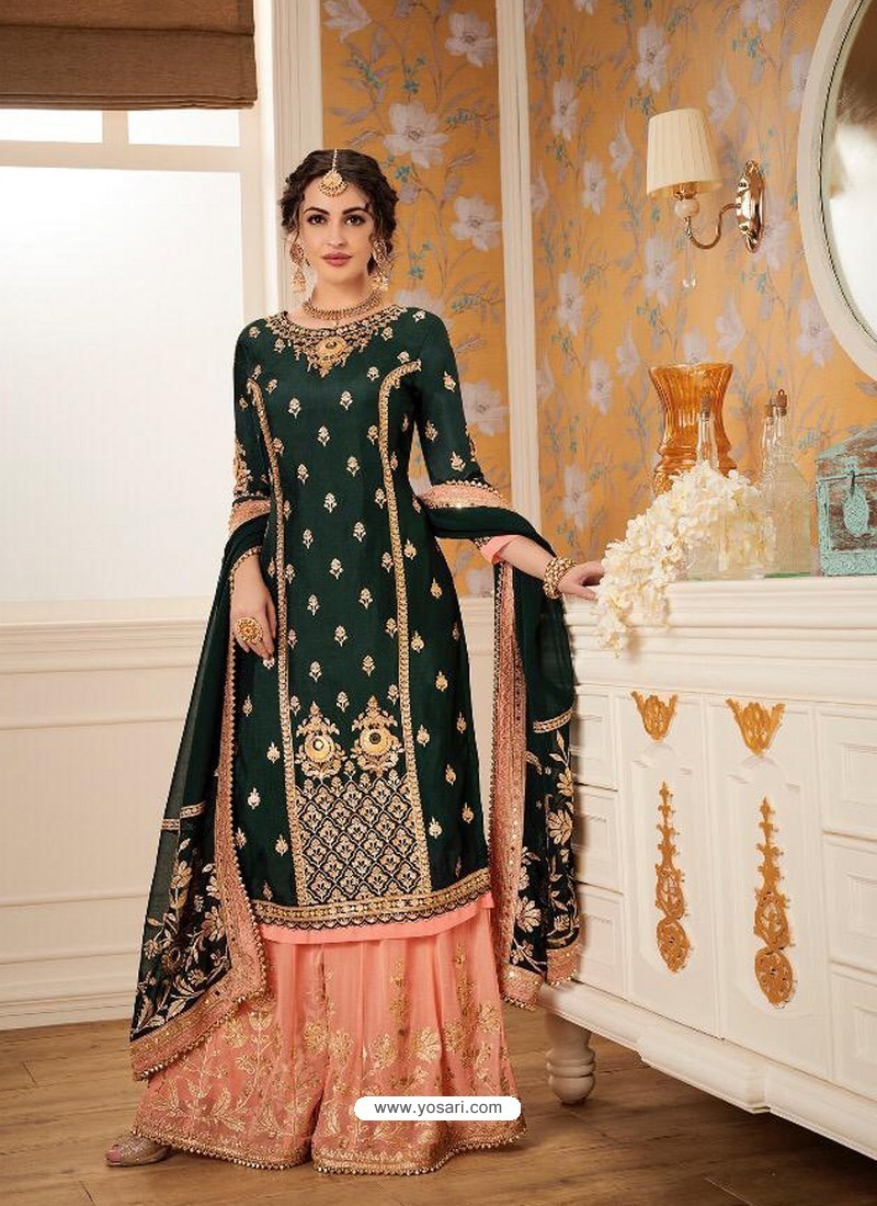 Buy Dark Green And Peach Faux Georgette Heavy Embroidered Sharara Salwar Suit Palazzo Salwar Suits,Artwork For Bedroom Walls