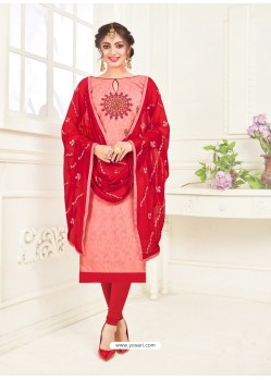 Peach And Red Jacquard Embroidered Churidar Suit