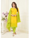 Yellow And Green Jacquard Embroidered Churidar Suit