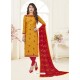 Mustard And Red Jacquard Embroidered Churidar Suit