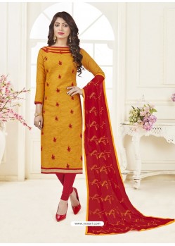 Mustard And Red Jacquard Embroidered Churidar Suit