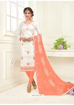 White And Peach Jacquard Embroidered Churidar Suit