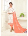 White And Peach Jacquard Embroidered Churidar Suit