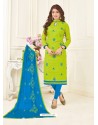Green And Sky Blue Jacquard Embroidered Churidar Suit