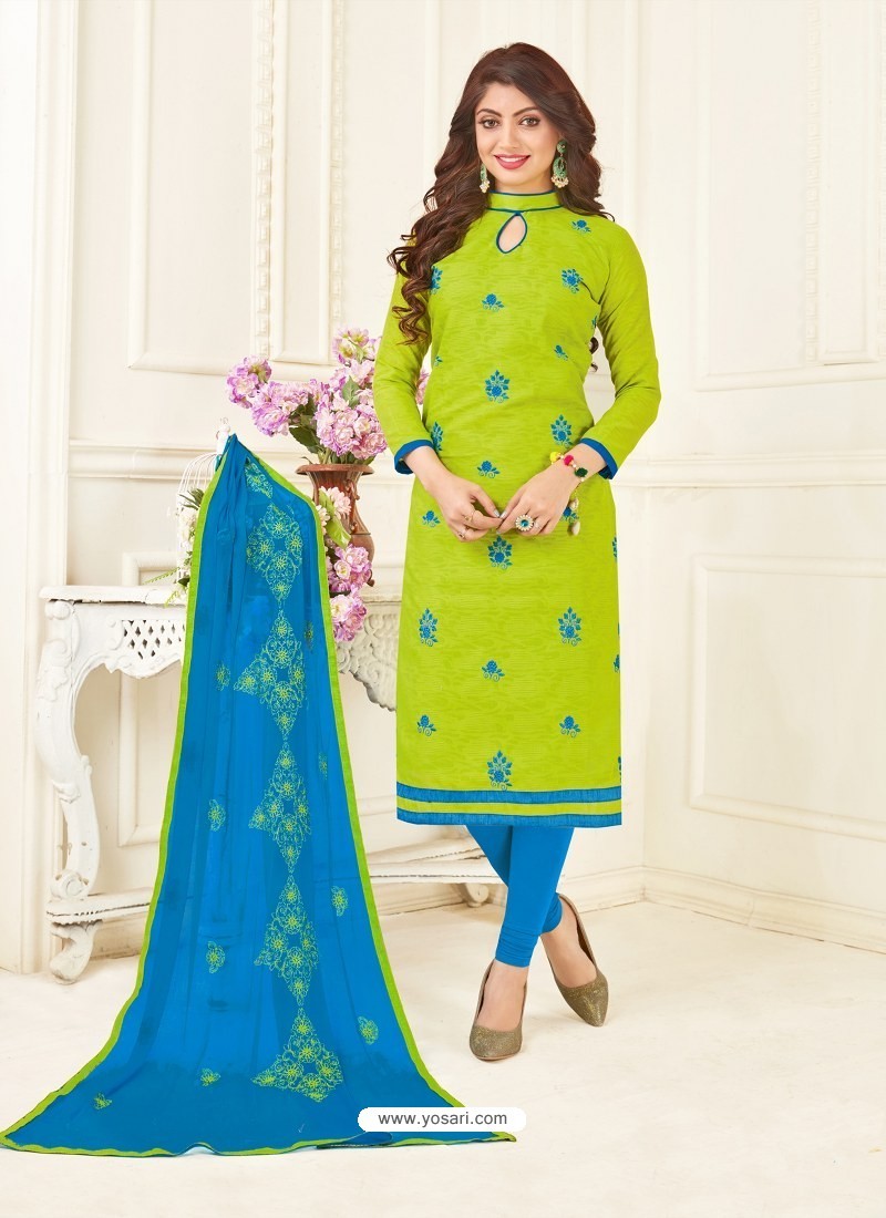 Buy Green And Sky Blue Jacquard Embroidered Churidar Suit | Churidar ...