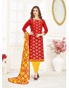 Red And Yellow Banarasi Jacquard Thread Worked Churidar Suit