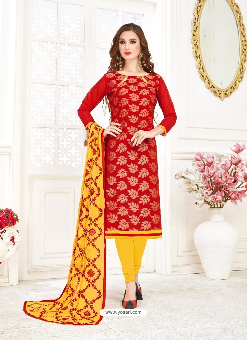 Red And Yellow Banarasi Jacquard Thread Worked Churidar Suit