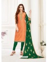 Orange And Green Banarasi Jacquard Thread Worked Churidar Suit