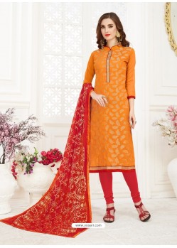 Orange And Red Banarasi Jacquard Thread Worked Churidar Suit