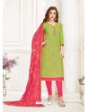 Green And Rani Banarasi Jacquard Thread Worked Churidar Suit