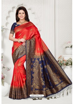 Red And Navy Rappier Silk Designer Saree