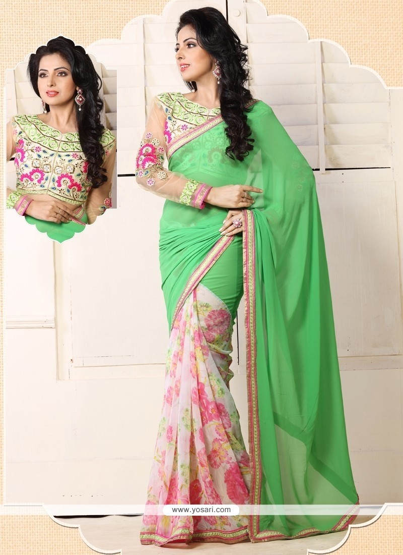 White And Green Georgette Printed Casual Saree