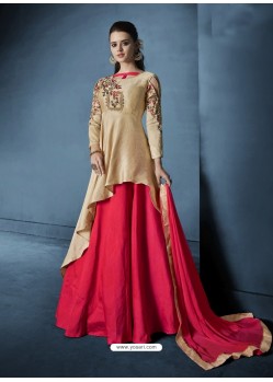 Light Beige And Crimson Morvi Silk Heavy Embroidered Floor Length Suit