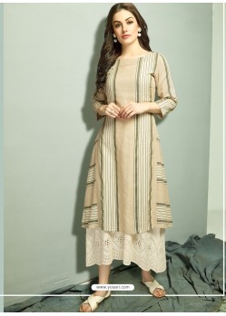 Beige And Off White Cambric Cotton Printed Readymade Kurti