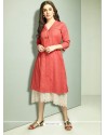 Red And Off White Cambric Cotton Printed Readymade Kurti