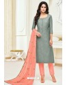 Grey And Peach Maslin Silk Embroidered Straight Suit