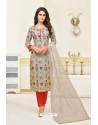 Grey And Red Maslin Silk Embroidered Straight Suit