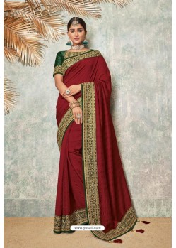 Maroon Silk Designer Lace Bordered Party Wear Saree