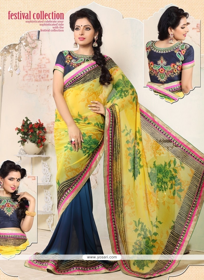 Yellow And Blue Georgette Printed Casual Saree
