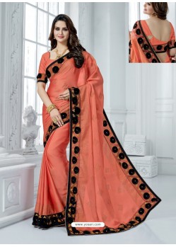 Peach Crepe Chiffon Embroidered Party Wear Saree