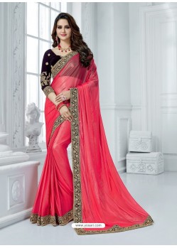 Fuchsia Shimmer Net Embroidered Party Wear Saree