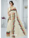 Off White Soft Net Embroidered Party Wear Saree