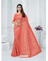 Peach Soft Net Embroidered Party Wear Saree