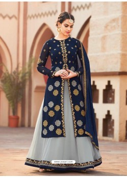 Navy Blue And Grey Georgette Heavy Embroidered Palazzo Suit