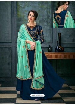 Teal Blue Satin Georgette Zari And Resham Embroidered Anarkali Suit