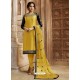 Yellow Georgette Satin Embroidered Designer Churidar Suit