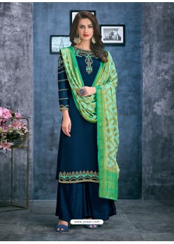 Teal Blue Satin Georgette Thread Embroidered Palazzo Suit