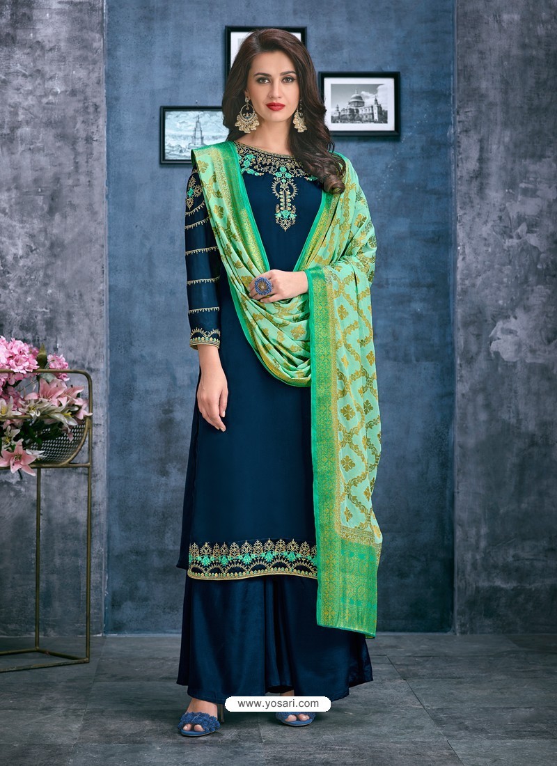 Buy Teal Blue Satin Georgette Thread Embroidered Palazzo Suit | Palazzo ...