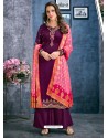 Purple Satin Georgette Thread Embroidered Palazzo Suit