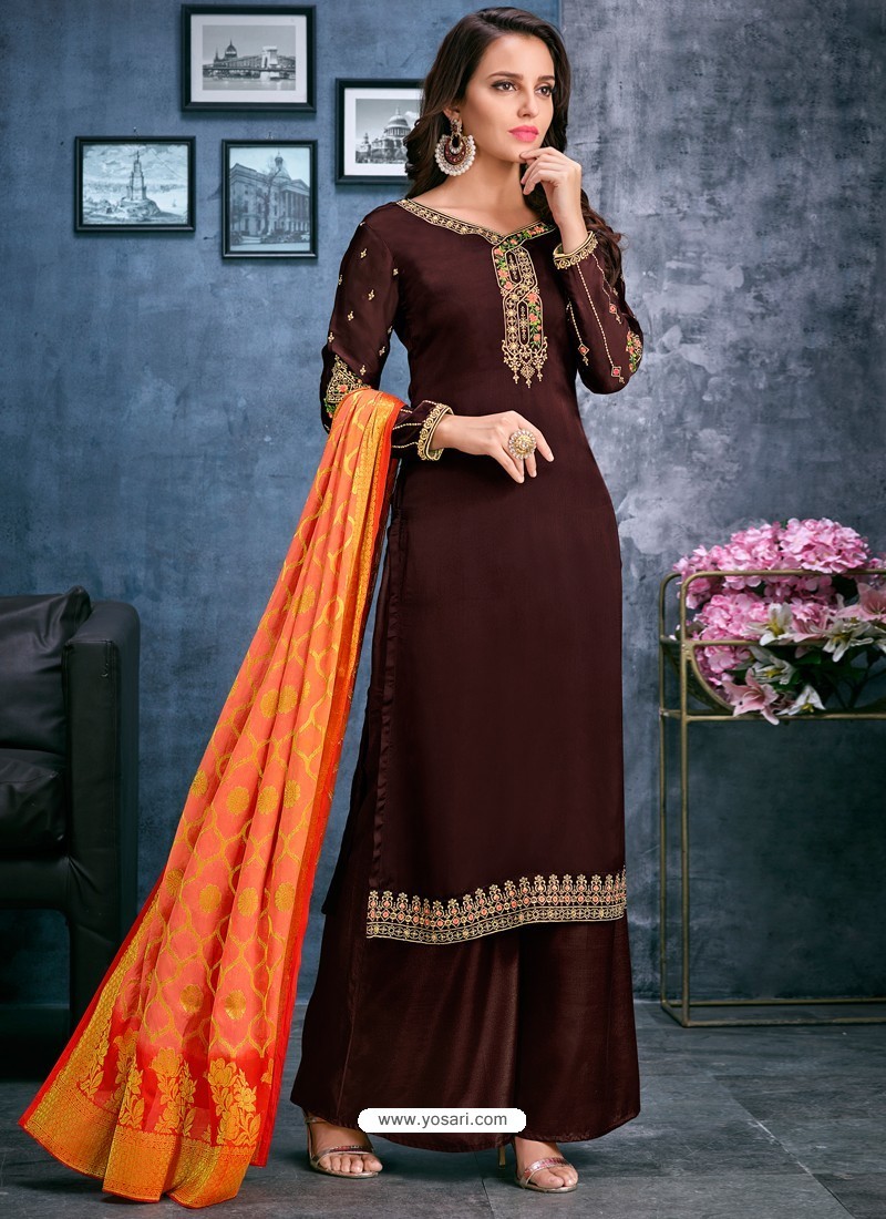 coffee brown satin georgette thread embroidered palazzo suit