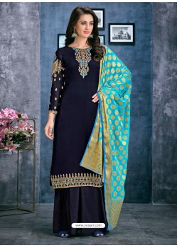 Navy Blue Satin Georgette Thread Embroidered Palazzo Suit