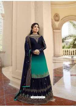 Awesome Navy Blue And Green Georgette Embroidery Designer Party Wear Salwar Suits