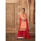 Peach And Crimson Satin Georgette Embroidered Palazzo Suit