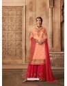 Peach And Crimson Satin Georgette Embroidered Palazzo Suit