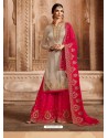 Fuchsia And Grey Satin Georgette Embroidered Palazzo Suit