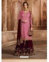 Light Pink And Maroon Satin Georgette Embroidered Palazzo Suit